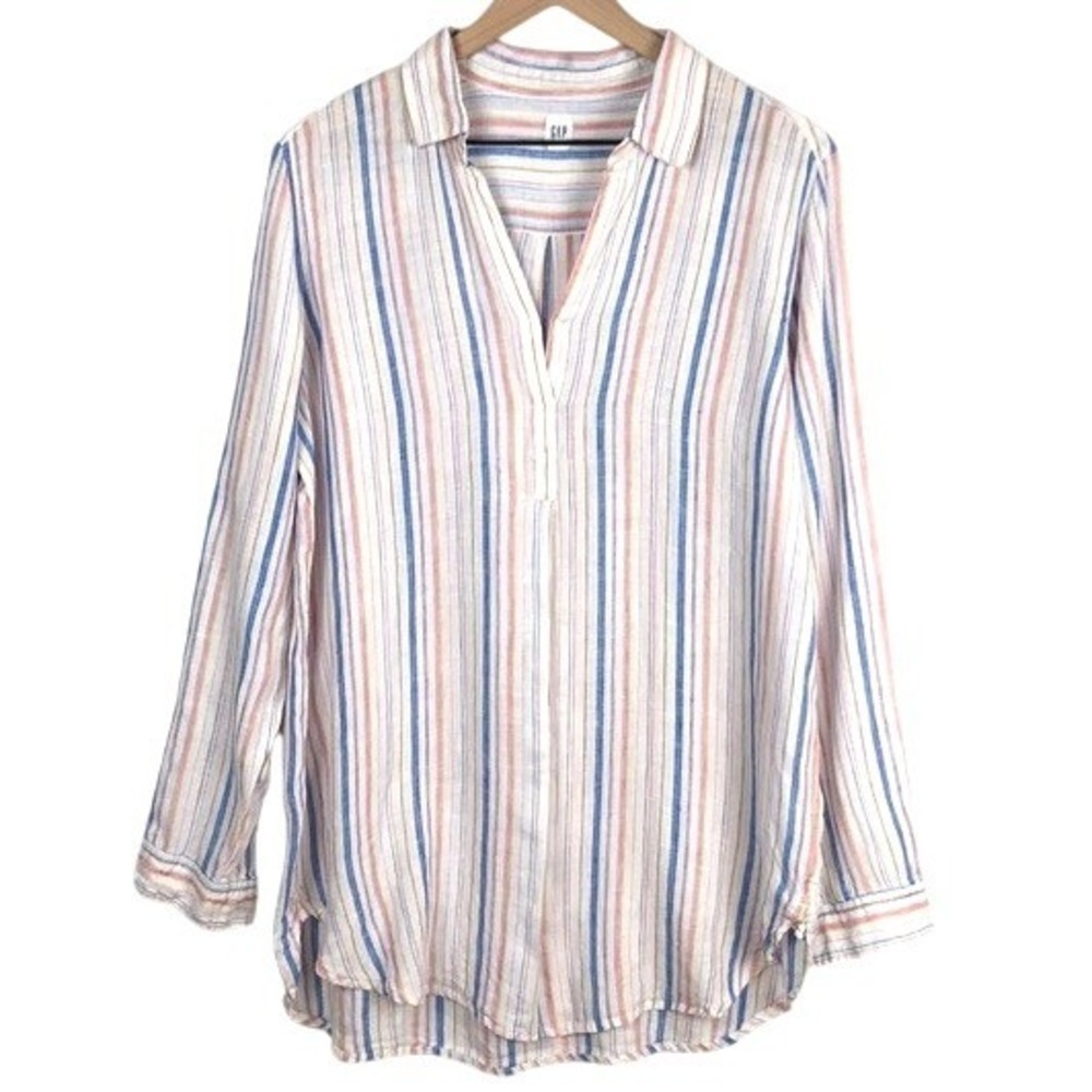GAP 100% Linen Tunic Top Sz L Multi Popover Split Neck Coastal Split Neck Shirt